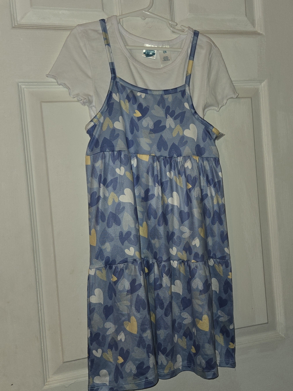 Extremely Me Girls' Light Blue Heart-Print Layered Dress with White Tee SZ 7/8
